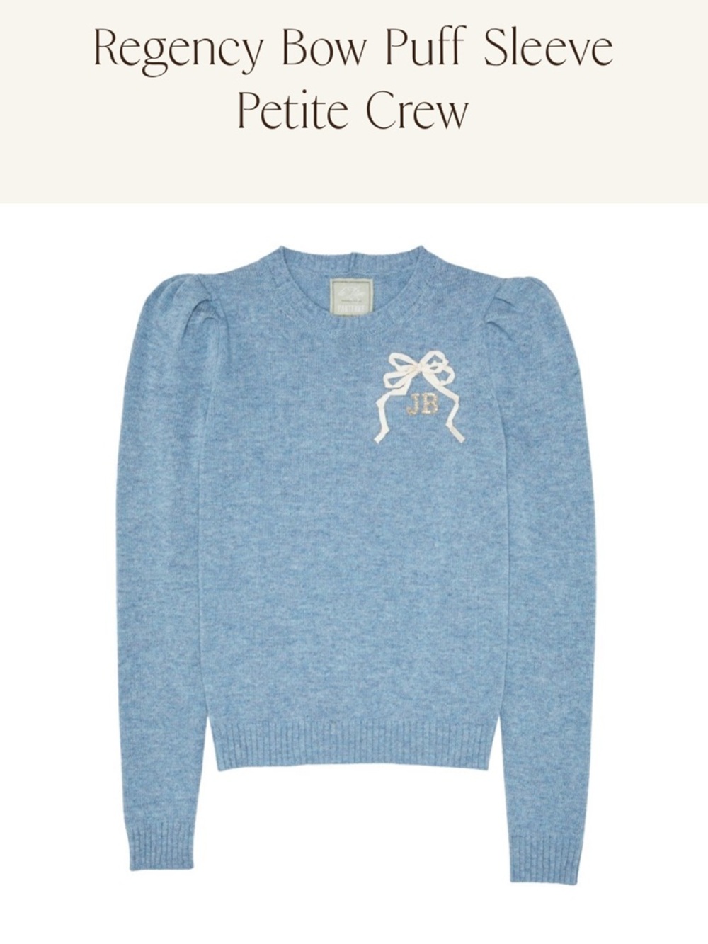 Le Lion Regency Bow Puff Sleeve Petite Crew Sweater - Light Blue size small